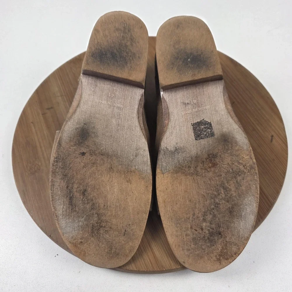 Free People Sandals Womens Size 9 Brown Leather Slip On Open Toe Low Block Heel